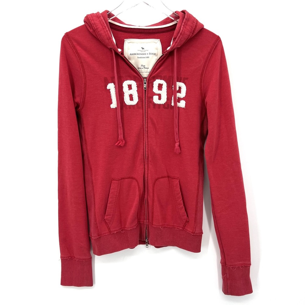 Y2K Vintage Abercrombie & Fitch Hoodie Size L Zip Up Sweatshirt Red 1892 Logo‎